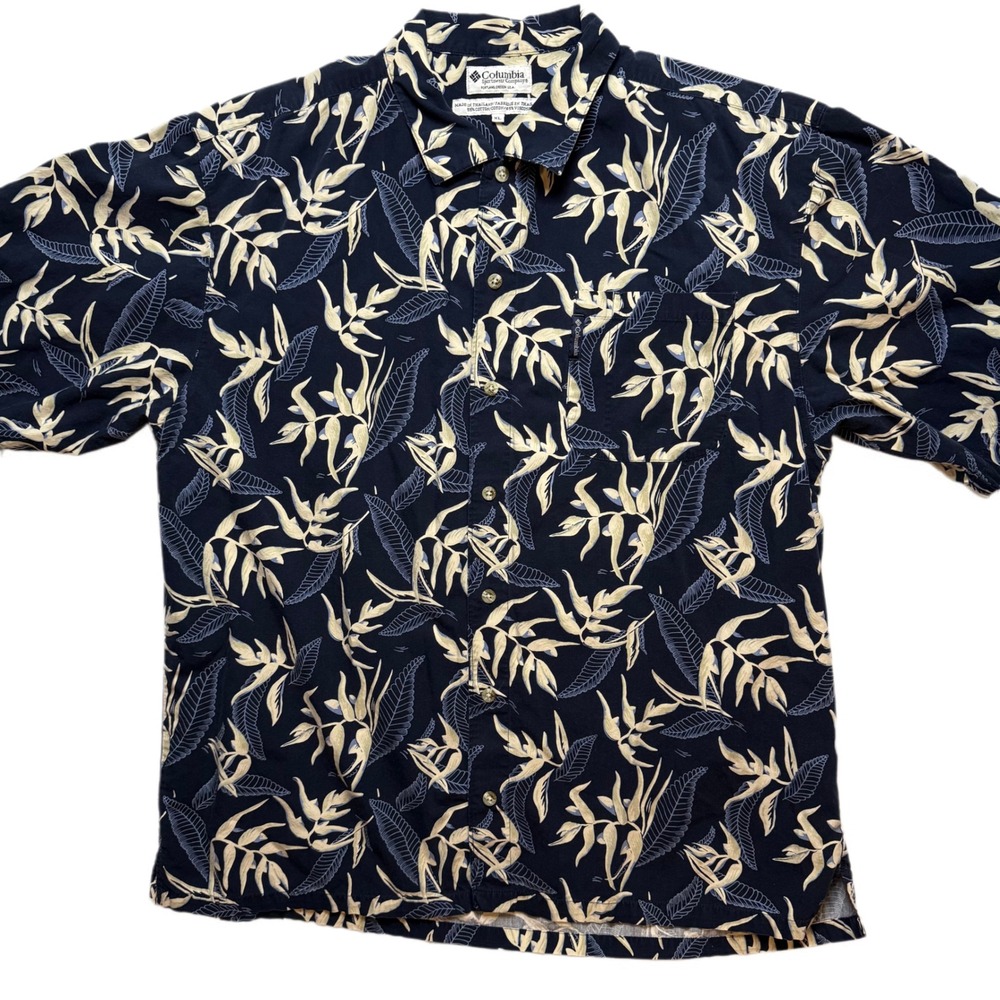 Columbia Mens XL Navy Blue Button Up‎ Shirt Short Sleeve Leaf Print Hawaiian